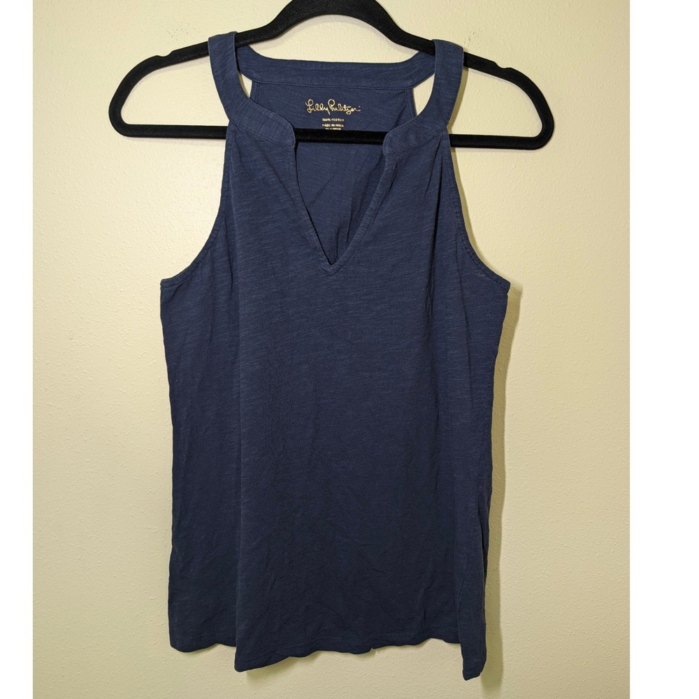 Lilly Pulitzer Ariya Tank True Navy Medium V-Neck Halter Tank Top 100% Cotton